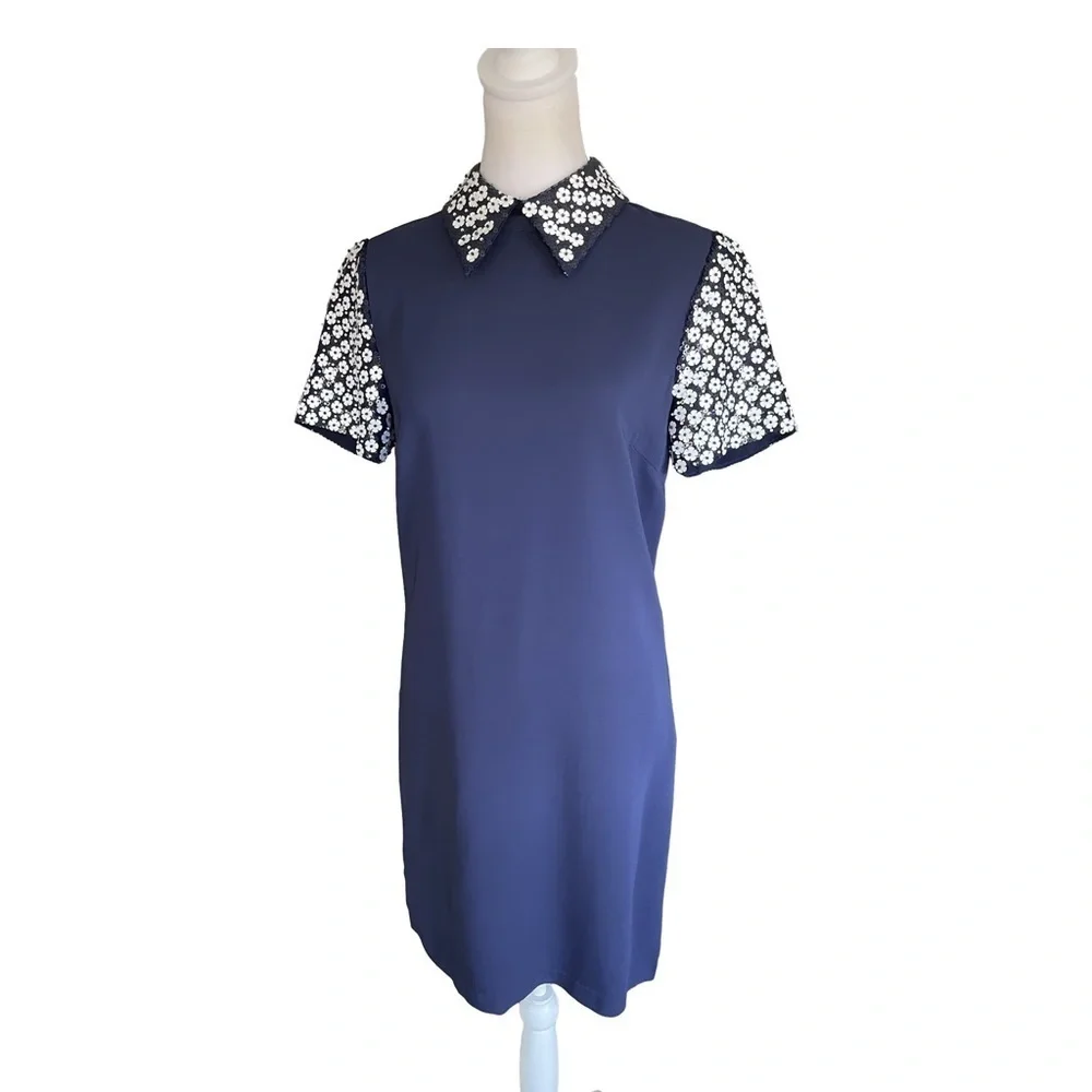 Michael Kors Floral Appliqué Collared Shift Dress Navy Blue and White Size 8